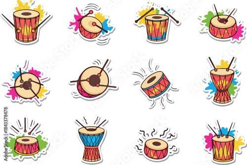 Colorful Drum Set Stickers Musical Instrument Icons for Percussion Lovers