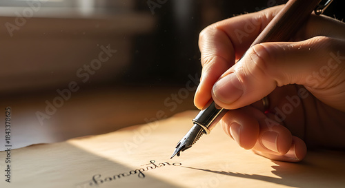 Close-up of a hand gracefully writing with a classic fountain pen on vintage paper, emphasizing the art of calligraphy and thoughtful communication