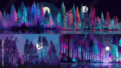 Atmospheric illustration of a moonlit forest with tall trees, reflective water, and vibrant colors creating a mystical and peaceful night scene.