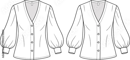 Women blouse technical flat sketch with puff sleeves, button front detailing, fashion cad template, apparel design vector illustration for garment designers