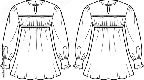 Women long sleeve ruffle hem smocked blouse flat sketch, front and back technical fashion design template for apparel, vector illustration