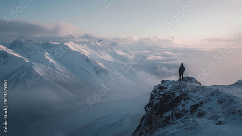 Cinematic wide shot man silhouette standing cliff edge snowy mountain landscape clouds horizon success freedom challenge inspiration extreme winter travel exploration