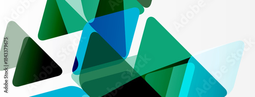 Abstract geometric shapes overlap. Greens, blues dominate composition. Minimalist design, modern aesthetic, clean lines present.