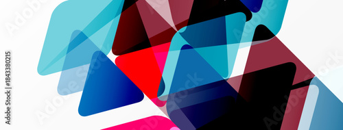 Abstract geometric shapes overlap, creating vibrant color blends. Blue, red, purple hues dominate white background. Modern design.