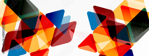 Abstract geometric shapes overlap, creating vibrant colorful patterns. Background is white, design feels modern, dynamic.