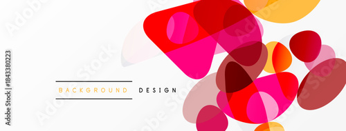 Abstract colorful shapes overlap, creating dynamic visual texture. Pink, red, orange hues dominate white space. Modern design element.
