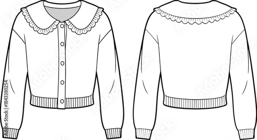 Cute long-sleeve cardigan vector illustration with ruffle collar details, front and back flat sketch, fashion CAD drawing, apparel design template