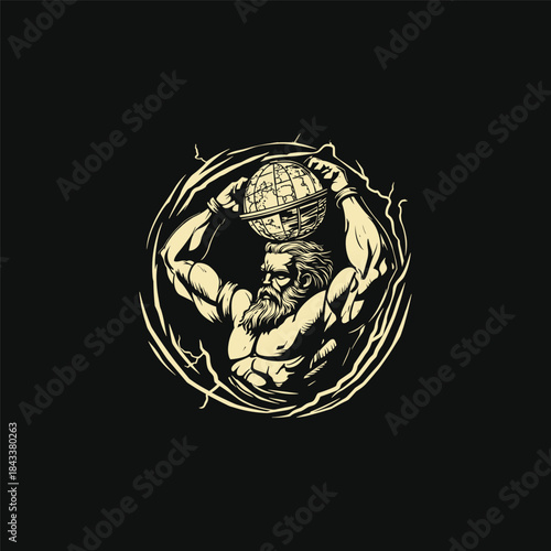 vintage engraving illustration featuring the Titan Atlas bearing the immense weight of the celestial sphere or world globe above his head