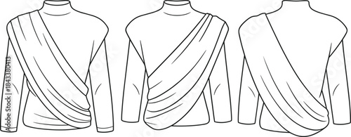 Elegant draped top fashion vector template showcasing front and back views, detailed garment illustration for apparel design, sewing pattern reference