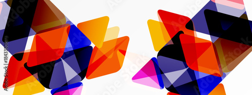 Abstract geometric shapes overlap, creating vibrant color patterns. Composition features triangles, orange, blue, red hues. Minimalist design.
