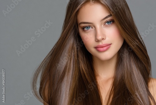 a woman with long, straight hair poses for the camera, showcasing her shiny and smooth hair texture against a light gray background