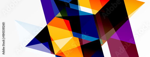 Abstract geometric shapes overlap, creating vibrant color contrasts. Composition features sharp angles, dynamic forms, modern aesthetic.