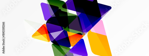 Abstract composition featuring overlapping translucent shapes. Vibrant colors blend, creating dynamic visual texture. Modern design elements present.