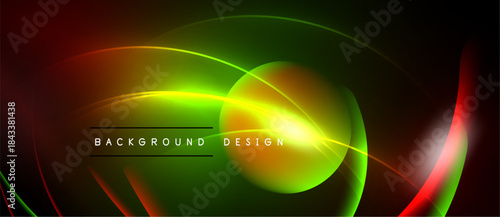Abstract neon lines create vibrant curves. Green dominates with red, orange accents over black background. Text reads background design.