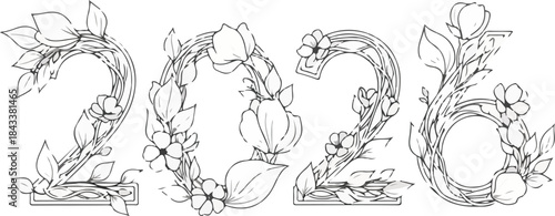 A line drawing of 2026 with floral designs and leaves on each digit against a white background.