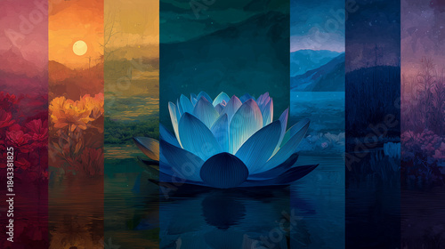 7 chakra art: white lotus in the center symbolizing enlightenment. muladhara, svadhisthana, manipura, anahata, vishuddha, ajna, sahasrara