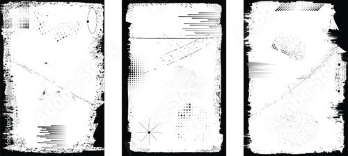 Border frames overlays set, rough edges, scratches for poster design. Rectangular frame template collection . distress texture . Grunge frame borders isolated on the background . Rough edges effect . 