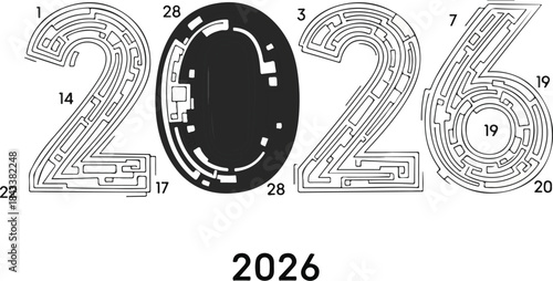 A black and white maze design featuring the year 2026 with a typing sign and font elements on a clean white background.