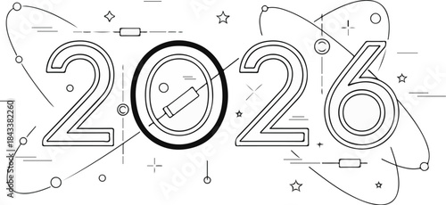 Black and white line drawing of 2026 year sign with a stylized font and various technical symbols and shapes on a clean white background.