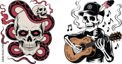 Detailed skull illustration featuring coiled serpent and musical skeleton guitarist in bold vector style perfect for tattoo art, retro design, and merchandise