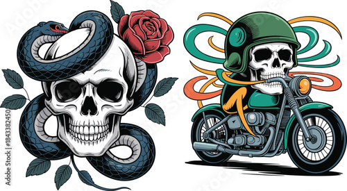 Detailed skull illustration featuring coiled snake, blooming rose, and vintage motorcycle rider design with bold tattoo style elements and vibrant vector artwork
