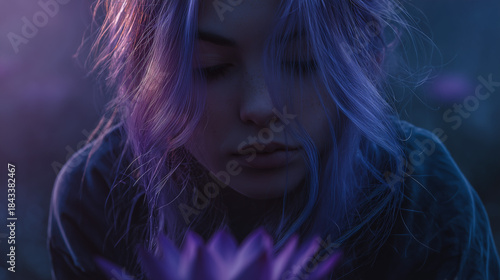 7th chakra crown chakra art: woman smelling on purple lotus in her hands