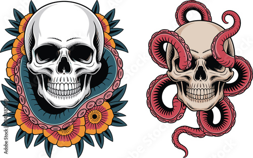 Detailed skull illustration featuring octopus tentacles and floral decorative elements in bold tattoo style vector artwork suitable for gothic fantasy themed designs