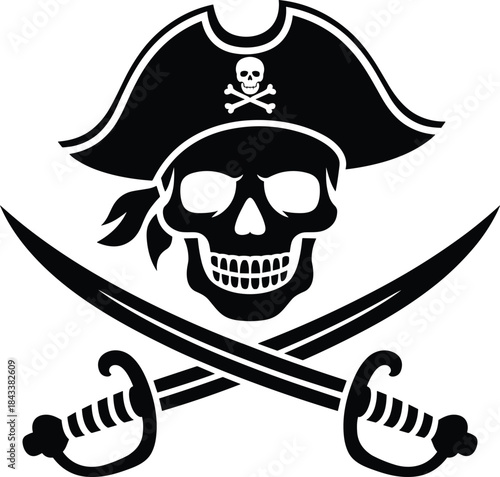 Pirate skull vector illustration with crossed swords, bandana and classic pirate hat emblem, perfect for nautical themes, logos, tattoos, adventure graphics and vintage design projects
