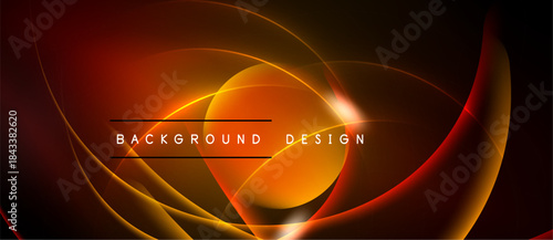 Abstract design features flowing orange lines, curves, gradients. Dark background enhances vibrant luminosity, creating dynamic visual impact.