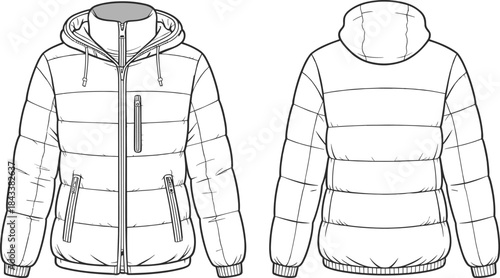 Puffer jacket technical fashion flat sketch showing front and back padded details with hood and zipper pockets, cad drawing flat vector illustration
