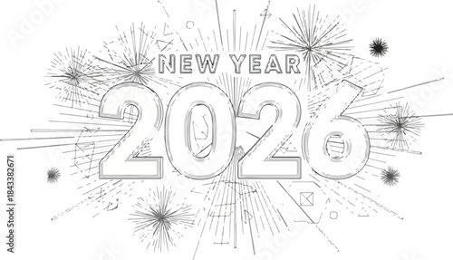 A black and white illustration of 'New Year 2026' in bold font, surrounded by fireworks and lines on a white background with a celebratory mood.