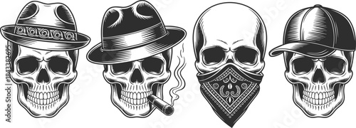 Stylish skull vector illustration set featuring gangster hat skull, cigar smoking skull, bandana masked skull, and baseball cap skull for tattoo and street art themes