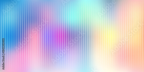 Ribbed glass surface. Abstract background with iridescent gradient pattern. Holographic light around blue metal wall. Corrugated plastic texture with modern color effect bg. Frosted window stripes.