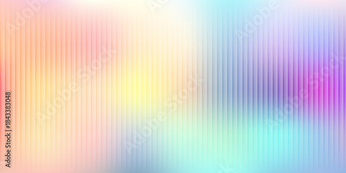 Ribbed glass surface. Abstract background with iridescent gradient pattern. Holographic light around blue metal wall. Corrugated plastic texture with modern color effect bg. Frosted window stripes.