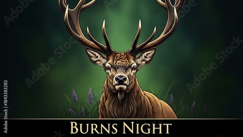 Majestic stag on burns night with regal antlers and mysterious green background