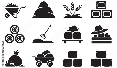 Black farming and rural industry icons for agriculture design