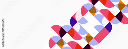 Abstract geometric shapes overlap, creating colorful pattern. Pink, purple, orange hues dominate white background. Modern design element.