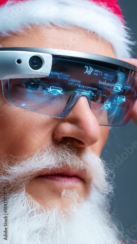 A futuristic and innovative take on the traditional holiday figure, showcasing a detailed close-up of Santa Claus wearing high-tech augmented reality glasses with digital information overlay