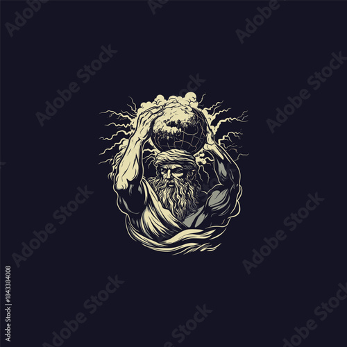 vintage engraving illustration featuring the Titan Atlas bearing the immense weight of the celestial sphere or world globe above his head