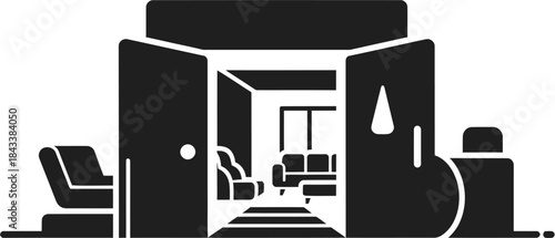 Stylized illustration of an open doorway revealing a furnished room interior, symbolizing entry and domestic spaces