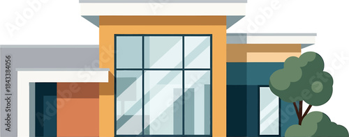 Modern residential building with a large glass facade and surrounding greenery, evoking contemporary architecture and comfortable living