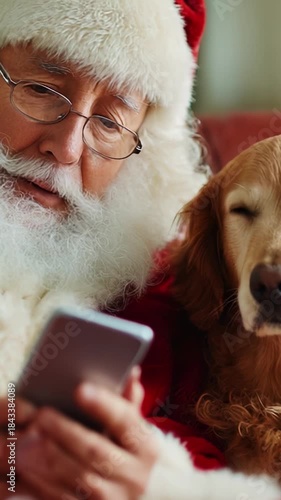 A Heartwarming Moment Between Santa Claus and His Loyal Golden Retriever Companion, Captured in a Cozy Setting, Showcases the Joy of Togetherness During the Holiday Season with Mobile Technology