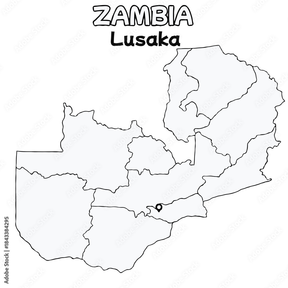Fototapeta premium Outline of the zambia Map with State Boundaries with name and capital city for Educational Purposes and Planning in transparent and vector
