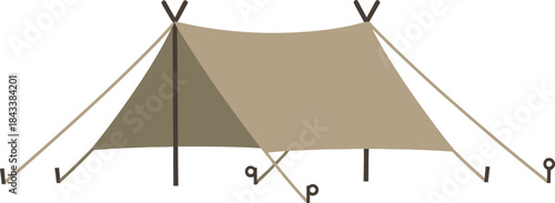 Brown outdoor camping tent in natural setting with ropes and poles, adventure travel concept