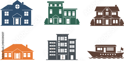 Collection of diverse residential and commercial buildings, including houses and a boat, depicted in a flat, vector graphic style