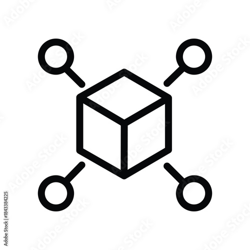 Minimalist blockchain network icon showing a central cube connected to multiple nodes, representing decentralized systems and data connectivity