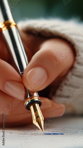 A Close-Up of a Hand Holding a Fountain Pen, Capturing the Artistic Process of Writing on Paper with Elegance and Precision, Focused on the Intricate Design of the Nib and the Flowing Ink