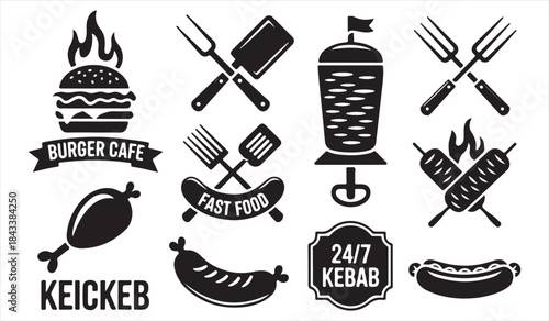 BBQ and street food icons with burger kebab and grill tools