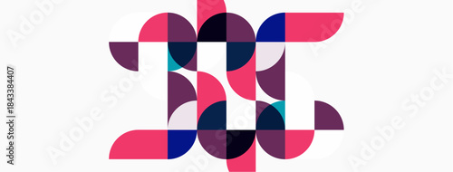 Abstract geometric design featuring overlapping circles, creating letterforms. Pink, purple, navy hues dominate composition. Modern aesthetic.