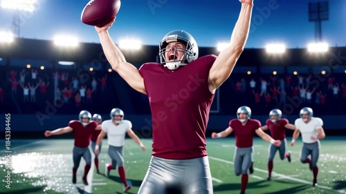 Moment of victory in American football. Player jubilantly holds ball in hand in stadium under floodlights, while teammates run toward leader.